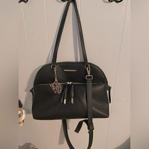 Black Steve Madden satchel tote with floral SM keychain/bag charm